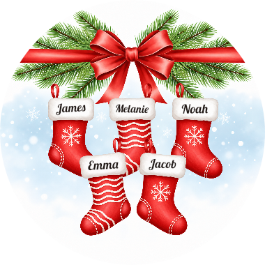 A personalized family ornament with red Christmas stockings, evergreen branches and a red bow